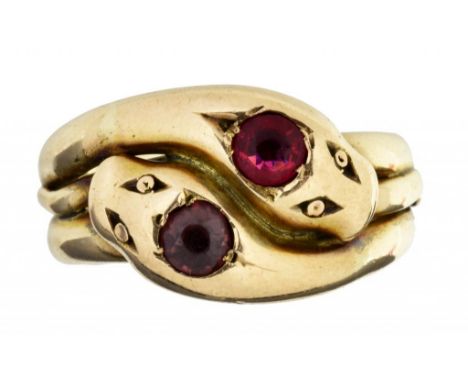 A RUBY TWO STONE SNAKE RING   in 9ct gold, Chester 1905, 8.8g, size R ++Slight variation in colour between the two rubies, bo