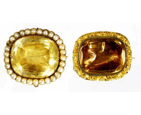 TWO VICTORIAN GOLD BROOCHES each set with a cushion shaped foiled citrine, one with split pearl surround, 3.3 and 3.6cm w ++S