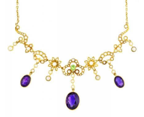 A PERIDOT, AMETHYST AND SPLIT PEARL NECKLET, C1910  in gold, 41.5cm l, marked 15ct, 14g ++Attractive example in superb condit
