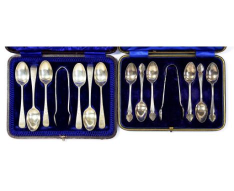 A SET OF SIX GEORGE V ART NOUVEAU SILVER COFFEE SPOONS AND PAIR OF SUGAR BOWS EN SUITE  by R S Mosley & Co Ltd, Sheffield 191