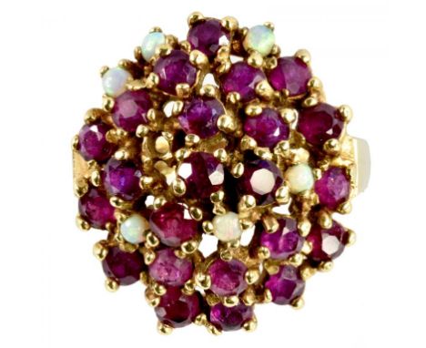 A RUBY AND OPAL CLUSTER RING  in 9ct gold, 7.4g, Size O ++In good condition