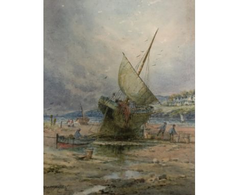 R Macauley, a boat at low tide, 22 x 16 cm, and its pair (2)