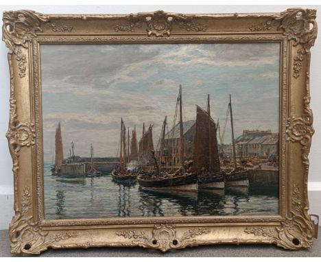 James Gilmour, harbour scene, oil on canvas, signed, dated 1910, 42 x 58 cm, Morgan & Brown label versoOverall condition, rec