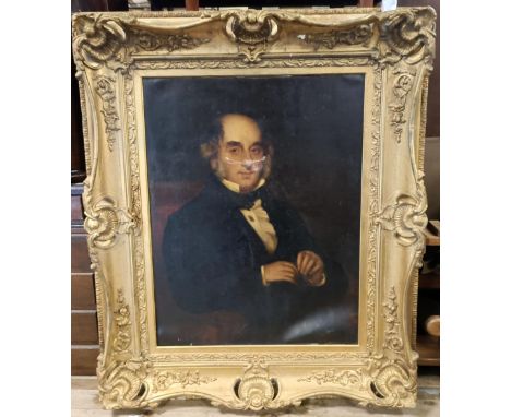 19th century, English school, portrait of a gentleman, oil on canvas, indistinctly signed on a lable verso, 90 x 72 cm, in a 