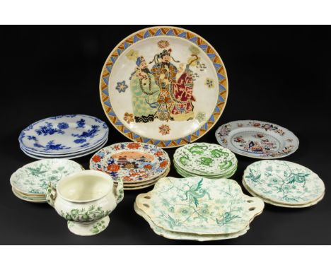 A quantity of ceramics, including five Asbury Longton 'Dragon' side plates; a Copeland & Garrett late Spode two-handled turee