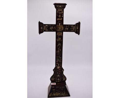 A Chinese hardwood and mother of pearl inlaid cross,&nbsp;possibly Macau, 58cm high.&nbsp; 