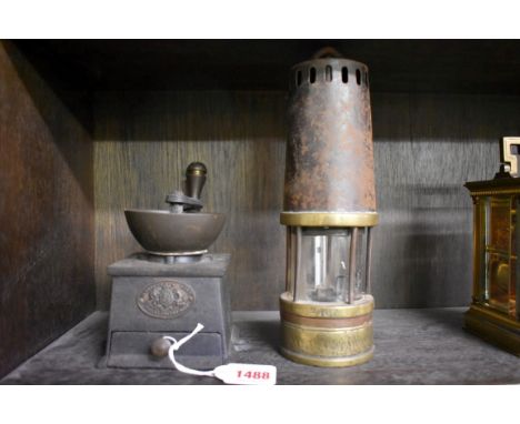(HP) An old Kenrick &amp; Sons coffee grinder;&nbsp;together with an old brass and steel miner's lamp.&nbsp; 