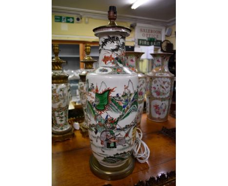 A Chinese famille verte table lamp, height excluding fitting 52cm.&nbsp; 