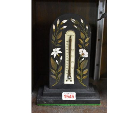 A&nbsp;Victorian slate and pietra dura desk thermometer,&nbsp;21cm high. 