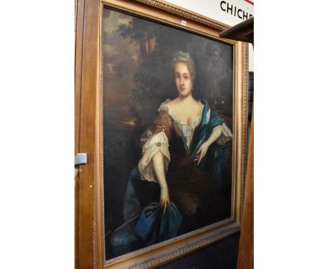 (HP) Manner of Sir Peter Lely, probably 18th century, three quarter length portrait of a lady wearing a blue sash, oil on can