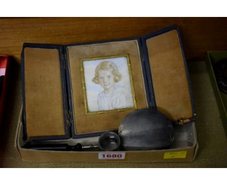 A horn magnifying glass; together with another novelty gavel form magnifier; and a portrait miniature.&nbsp; 