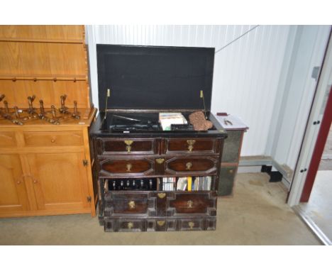 An 18th Century chest adapted to a record cabinet and contents; a Garrett turntable; a Phillips cassette recorder; various re