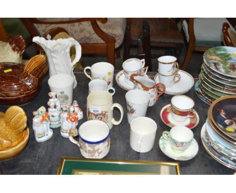 A quantity of china mugs to include commemorative examples; a Royal Worcester jug; teaware etc