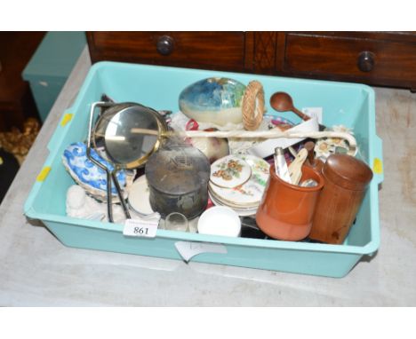 A box of various decorative items; including pen knives; wooden items; and an ivory handled magnifying glass; a handle possib