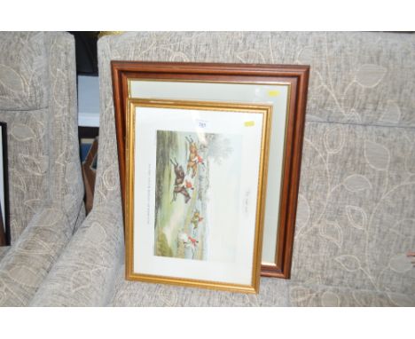 A frame and glazed watercolour study signed and dated 1912; a Hunting print "To the Crack Riders of England"