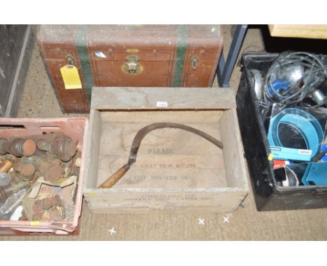 A German travel trunk; together with a wooden advertising crate etc