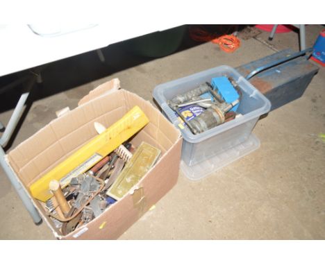 Two boxes; and a cantilever toolbox of various tools