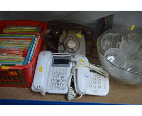 Two BT telephones and a rotary dial telephone