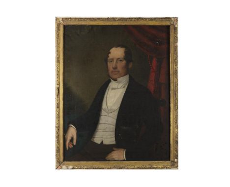 FRENCH SCHOOL (19TH CENTURY)Portrait of a Gentleman, Seated beside a Red CurtainOil on canvas, 90 x 70cm