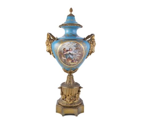 A 19TH CENTURY ORMOLU MOUNTED SEVRES PORCELAIN VASE, of circular baluster form, the domed lid with pineapple finial and cast 