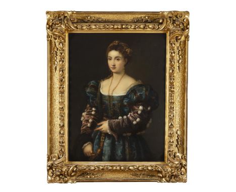 AFTER TIZIANO VECELLI, KNOWN AS TITIAN (19TH CENTURY)'La Bella', Portrait of lady, in silk dress with ribbons, half length Oi