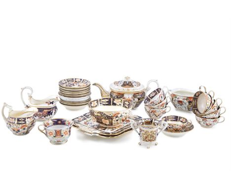 A COMPOSED ROYAL CROWN DERBY CHINA PART TEA SERVICE, comprising a pair of cake plates; teapot; sugar bowl; milk jug; slop bow