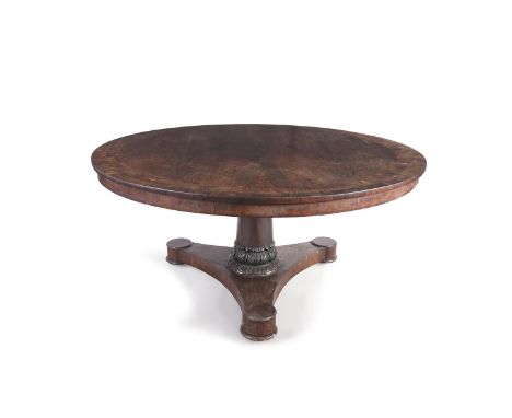 A GEORGE IV INLAID ROSEWOOD CIRCULAR DINING TABLE, decorated with inlaid brass banding on turned centrepillar and triangular 