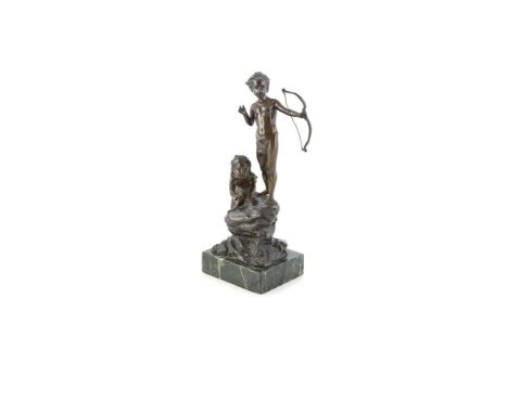 'ERISKA' (EARLY 20TH CENTURY)A bronze model of a young boy and girl, he standing on a rock with a bow, she crouching beneath,