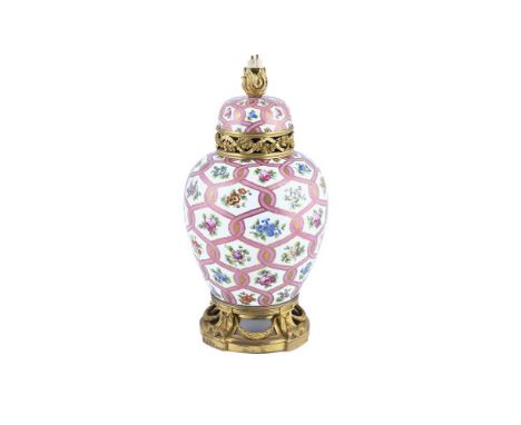 A FRENCH ORMOLU MOUNTED SEVRES STYLE PORCELAIN LAMP, first half of the 20th century, with Louis XVI style mounts and flambeau