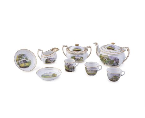 A VERY RARE PINXTON PORCELAIN THREE PIECE TEA SERVICE, c.1798, of oblong shape, comprising teapot, sugar bowl and cream jug, 