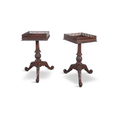 A PAIR OF GEORGE III STYLE MAHOGANY OCCASIONAL TABLES, the square tops with pierced galleries, raised on turned tapering colu