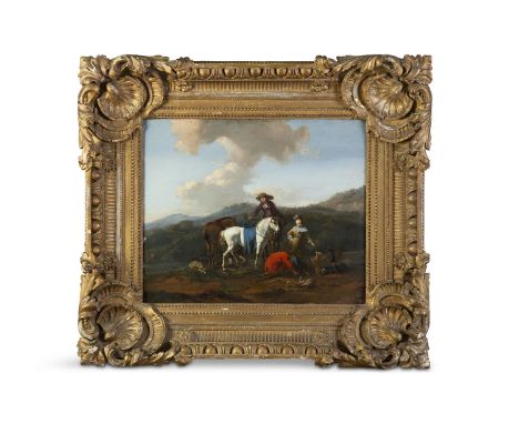 ***PLEASE NOTE: ESTIMATE SHOULD READ €3,000 - 5,000***STYLE OF PHILIP WOUWERMAN (1619 - 1668)A Hunting party resting on a hil