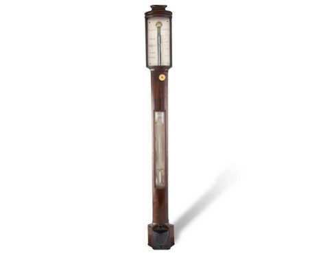 A REGENCY MAHOGANY STICK BAROMETER, of bowfront rectangular form, the glazed polished steel dial signed Henry Glover &amp; Co