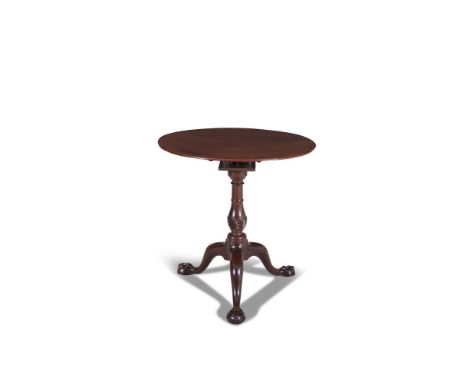 A GEORGE III MAHOGANY CIRCULAR SNAP-TOP SUPPER TABLE, with bird cage and turned baluster centre pillar tripod, with claw and 