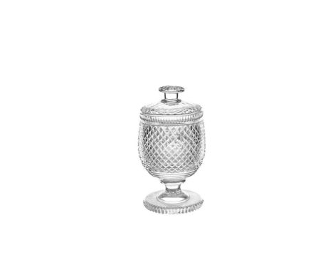 A 19TH CENTURY PICKLE JAR, probably Waterford, of circular form, with mushroom knop to the lid and with diamond and facet ban