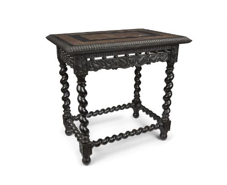 A CEYLONESE EBONY AND COPPER INSET CENTRE TABLE, 19th Century, of regular form, the rectangular top with inset brass panels e