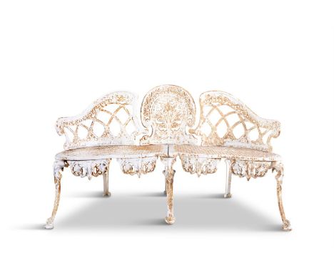 A VICTORIAN CAST IRON THREE-SEATER BENCH, in the French style with lattice back and pierced seat on cabriole legs. 133cm wide