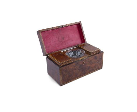 A 19TH CENTURY BIRDSEYE MAPLE RECTANGULAR TEA CADDY, the hinged lid opening to reveal a pair of tea caddies with hinged lids,