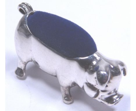 PIG PIN CUSHION. Stamped silver pig pin cushion