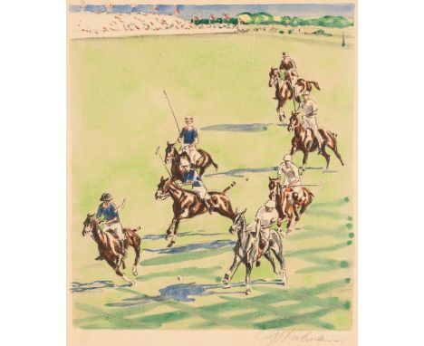 A handcoloured lithograph by Joseph Webster Golinkin (American, 1896-1977) featuring six polo players in action at the Westch