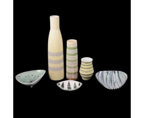 Small collection of mid-century ceramics including tall bottle vase by Jessie Higginson with yellow ground, banded design, 32