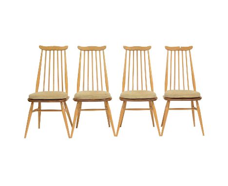 Ercol, set of four 'Goldsmith' dining chairs, elm and beech, fitted with oyster cushions, height 97cm.