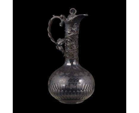 Cut glass claret jug with pewter mount, 30cm, and a quantity of silver plated wares,,including biscuit barrel, bottle stand, 