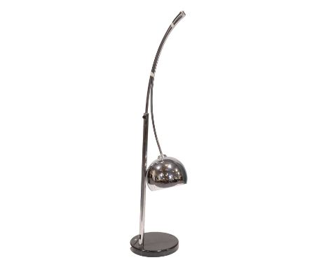Large chrome arched standard lamp, circular marble base, the arm joint defective.