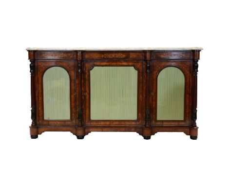 Victorian inlaid walnut chiffonier, white variegated marble top, three glazed doors flanked by columns, bun feet, length 177c