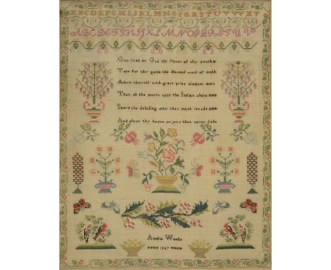 Victorian needlework sampler, floral border, the top with alphabet above a verse, decorated with vases of flowers, Amelia Wee