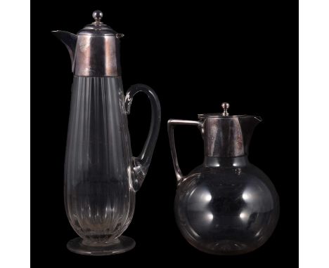 Edwardian glass claret jug, facet cut body, silver plated mount, 30cm, and a small glass claret just with silver plated mount