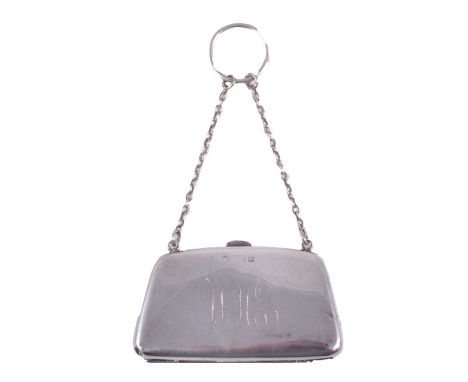 Silver purse, marks worn, hinged, engraved initials WME, leather interior, 9cm, with chain and ring suspension.