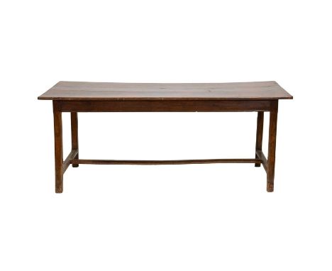 19th Century fruitwood kitchen table, three plank top, one end with pull out slide, chamfered legs and stretchers,191x80cm, h