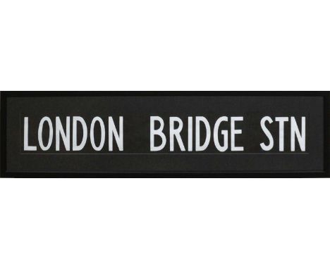 London Bus Destination Blind - LONDON BRIDGE STN - white capital font against black paper ground, mounted and framed, overall